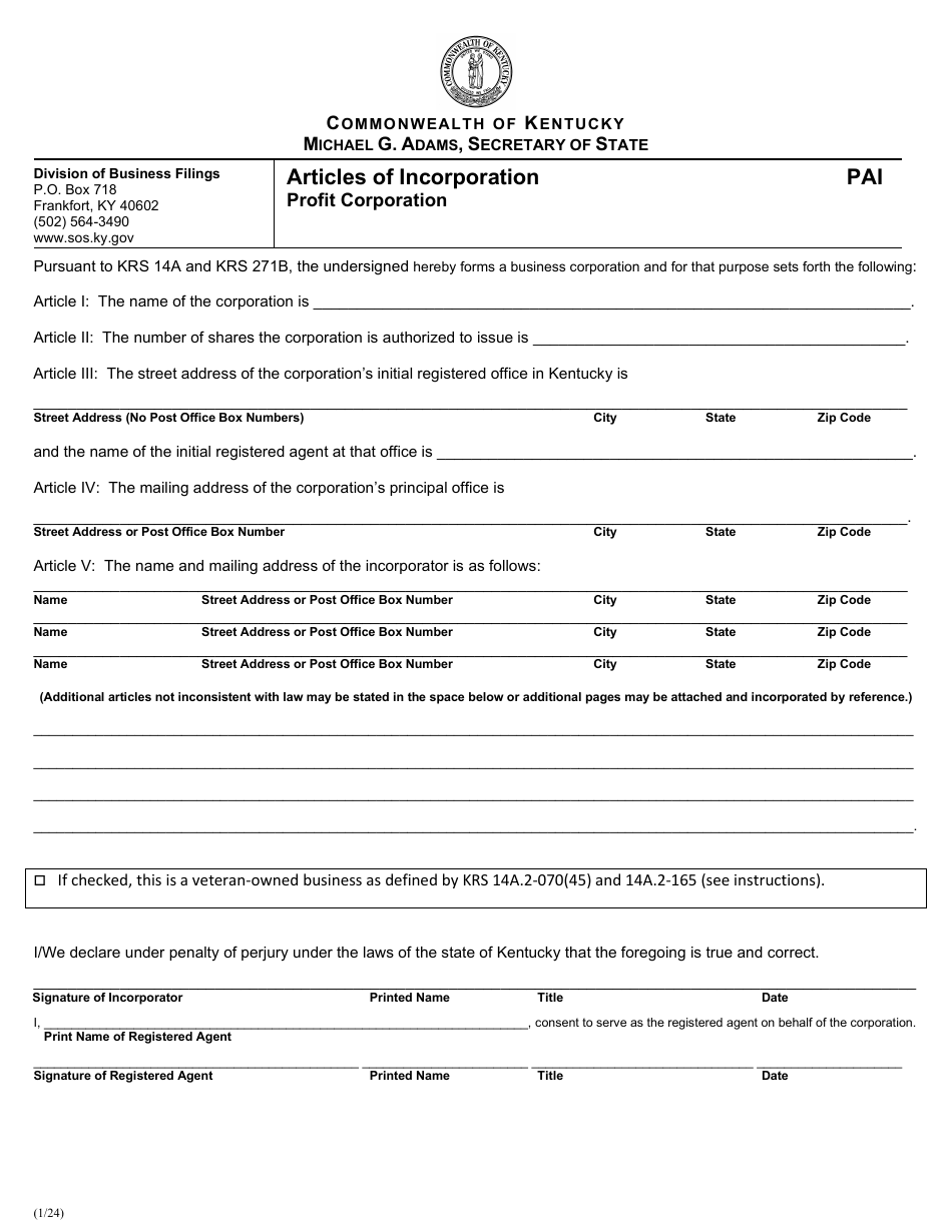 Form PAI Articles of Incorporation - Profit Corporation - Kentucky, Page 1