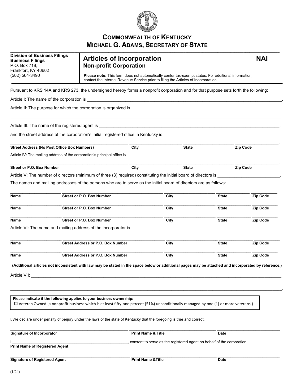 Form NAI Articles of Incorporation - Non-profit Corporation - Kentucky, Page 1