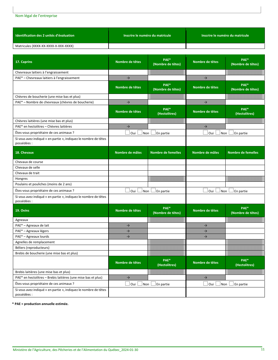 Formulaire Denregistrement Dune Exploitation Agricole Au Ministere De Lagriculture, DES Pecheries Et De Lalimentation - Quebec, Canada (French), Page 11