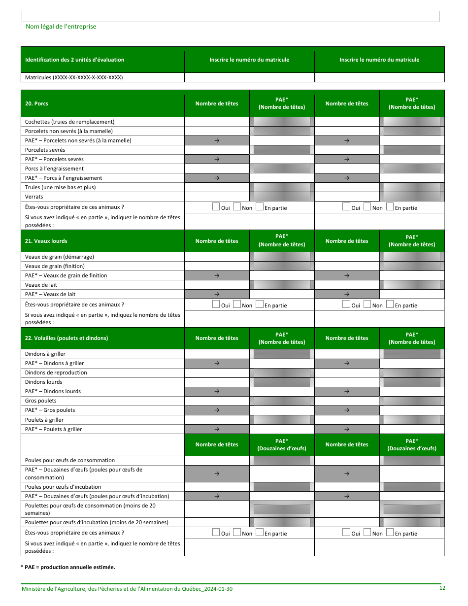 Formulaire Denregistrement Dune Exploitation Agricole Au Ministere De Lagriculture, DES Pecheries Et De Lalimentation - Quebec, Canada (French), Page 12