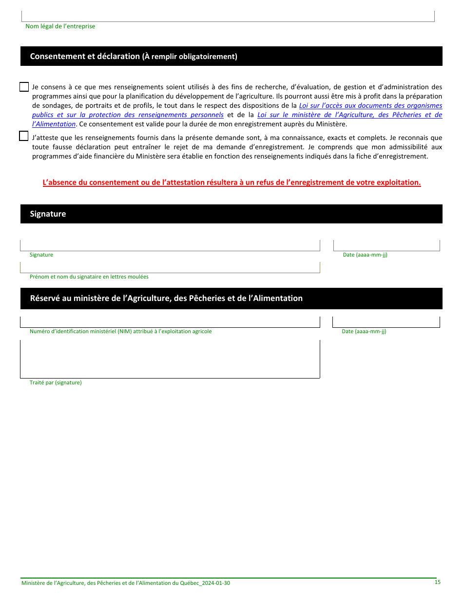Formulaire Denregistrement Dune Exploitation Agricole Au Ministere De Lagriculture, DES Pecheries Et De Lalimentation - Quebec, Canada (French), Page 15