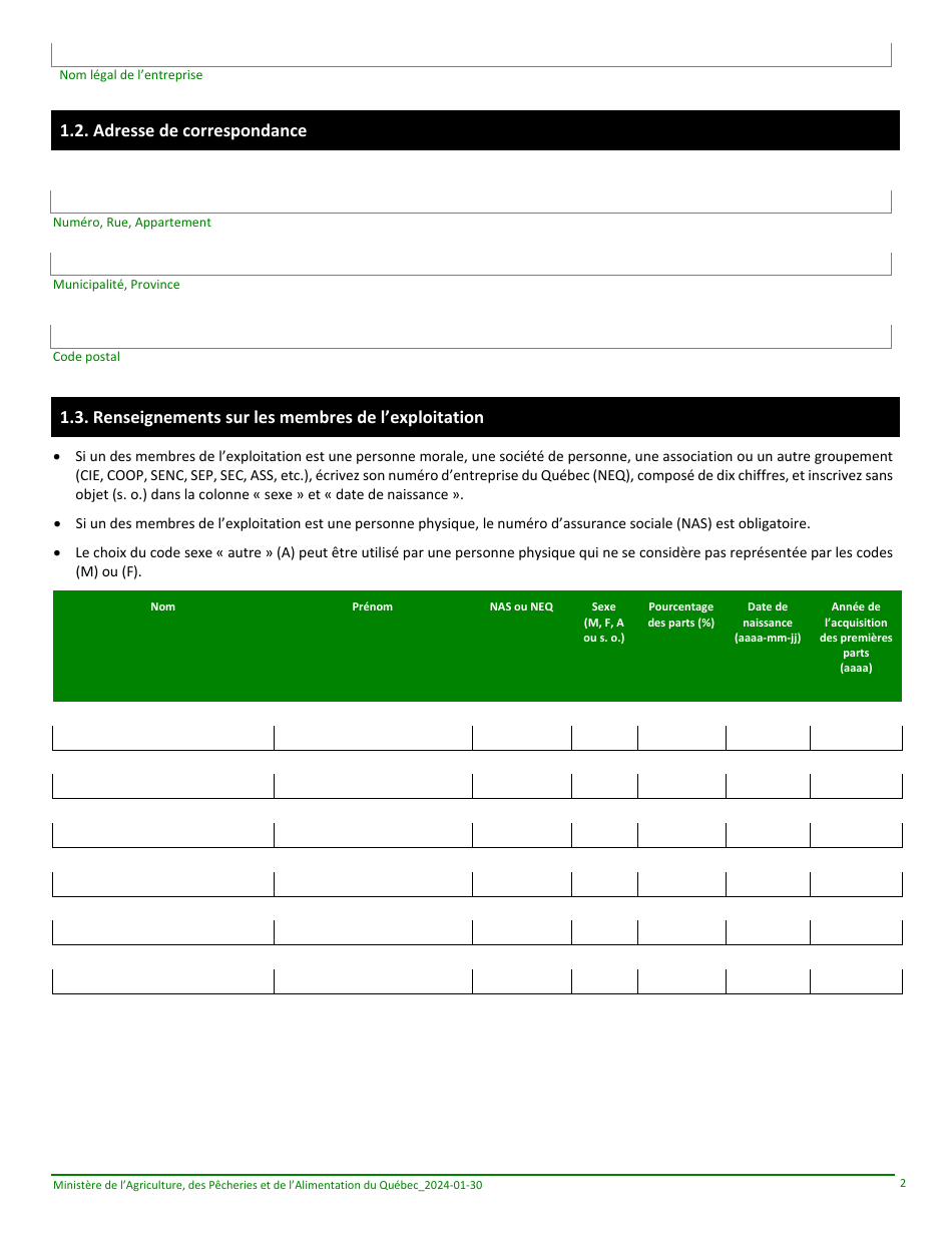 Formulaire Denregistrement Dune Exploitation Agricole Au Ministere De Lagriculture, DES Pecheries Et De Lalimentation - Quebec, Canada (French), Page 2