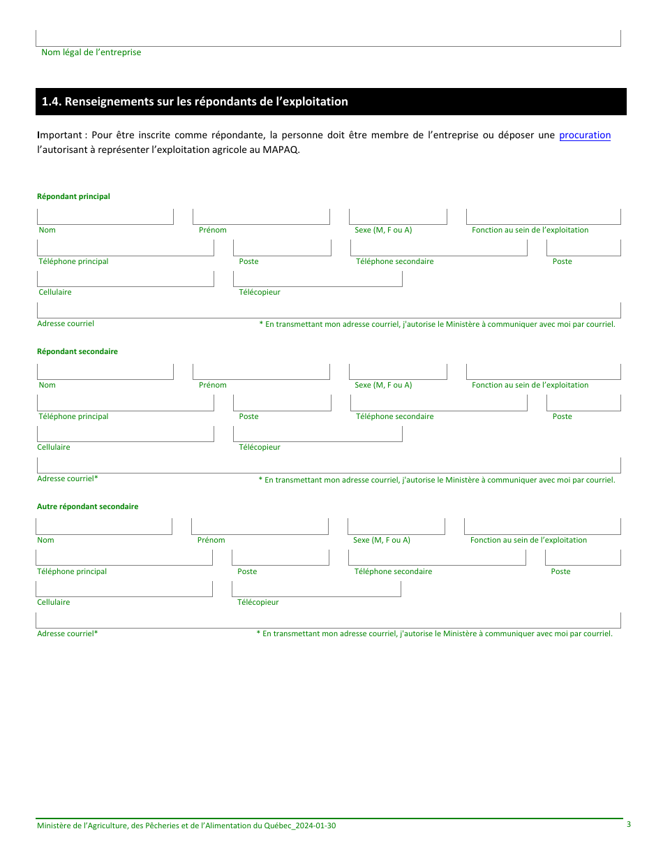 Formulaire Denregistrement Dune Exploitation Agricole Au Ministere De Lagriculture, DES Pecheries Et De Lalimentation - Quebec, Canada (French), Page 3