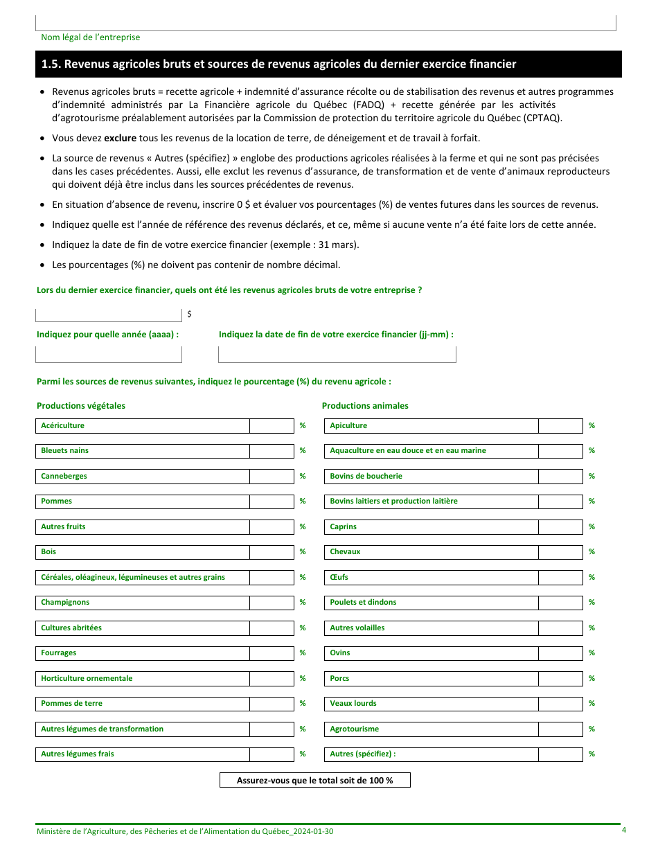 Formulaire Denregistrement Dune Exploitation Agricole Au Ministere De Lagriculture, DES Pecheries Et De Lalimentation - Quebec, Canada (French), Page 4