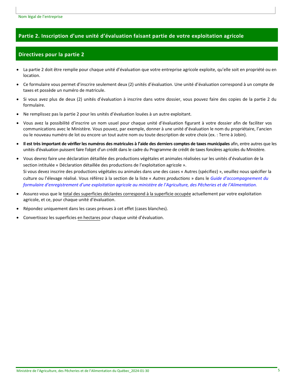Formulaire Denregistrement Dune Exploitation Agricole Au Ministere De Lagriculture, DES Pecheries Et De Lalimentation - Quebec, Canada (French), Page 5