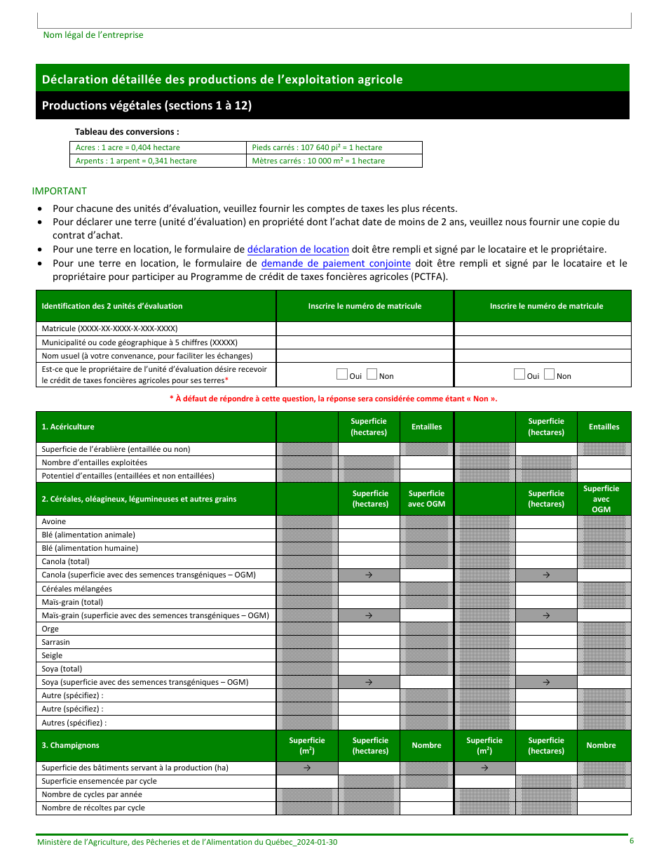Formulaire Denregistrement Dune Exploitation Agricole Au Ministere De Lagriculture, DES Pecheries Et De Lalimentation - Quebec, Canada (French), Page 6