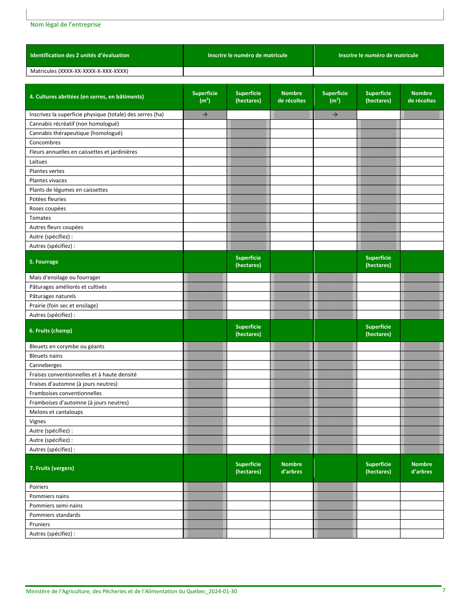 Formulaire Denregistrement Dune Exploitation Agricole Au Ministere De Lagriculture, DES Pecheries Et De Lalimentation - Quebec, Canada (French), Page 7