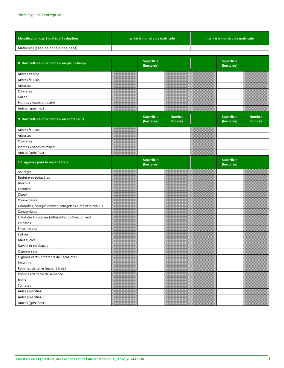 Formulaire Denregistrement Dune Exploitation Agricole Au Ministere De Lagriculture, DES Pecheries Et De Lalimentation - Quebec, Canada (French), Page 8