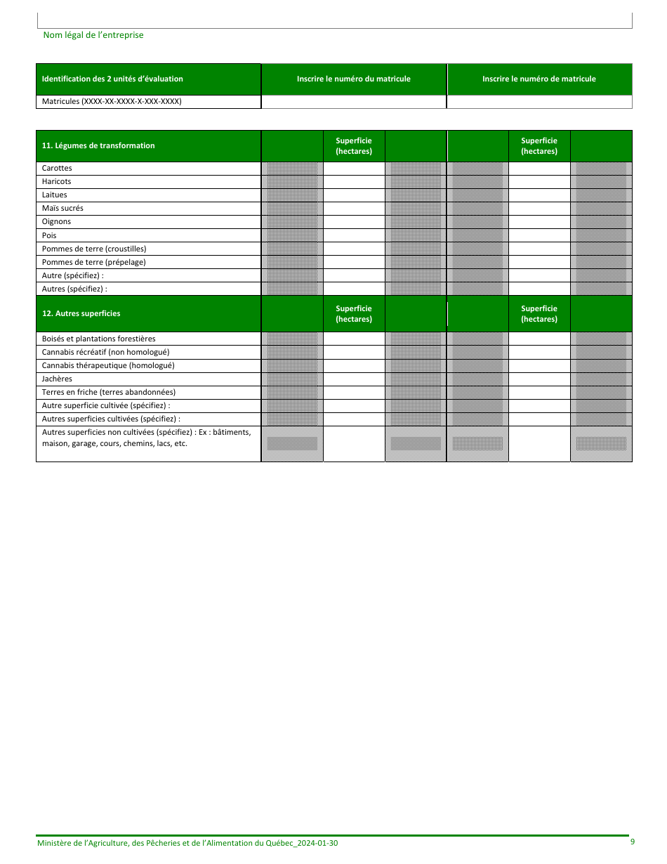 Formulaire Denregistrement Dune Exploitation Agricole Au Ministere De Lagriculture, DES Pecheries Et De Lalimentation - Quebec, Canada (French), Page 9