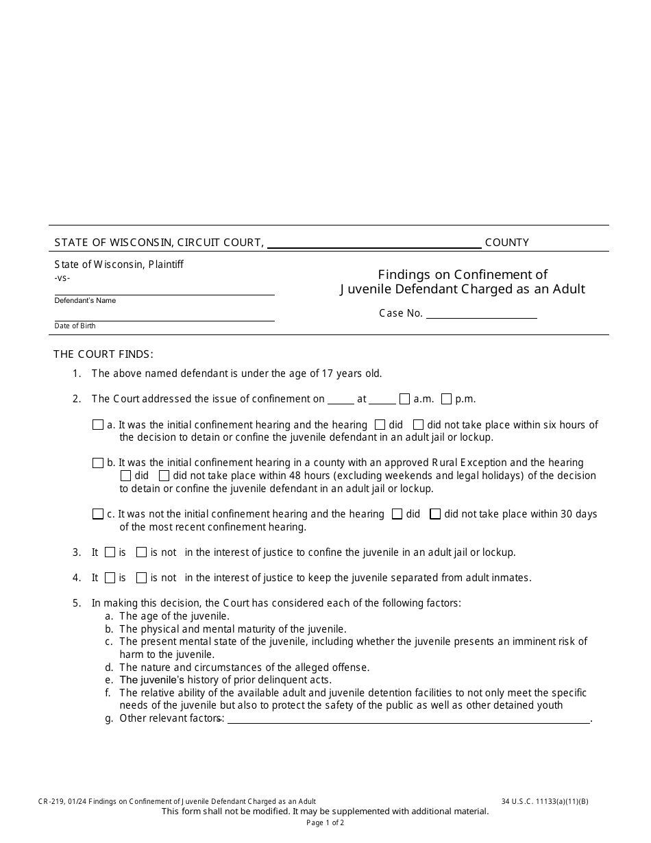 Form CR-219 Findings on Confinement of Juvenile Defendant Charged as an Adult - Wisconsin, Page 1