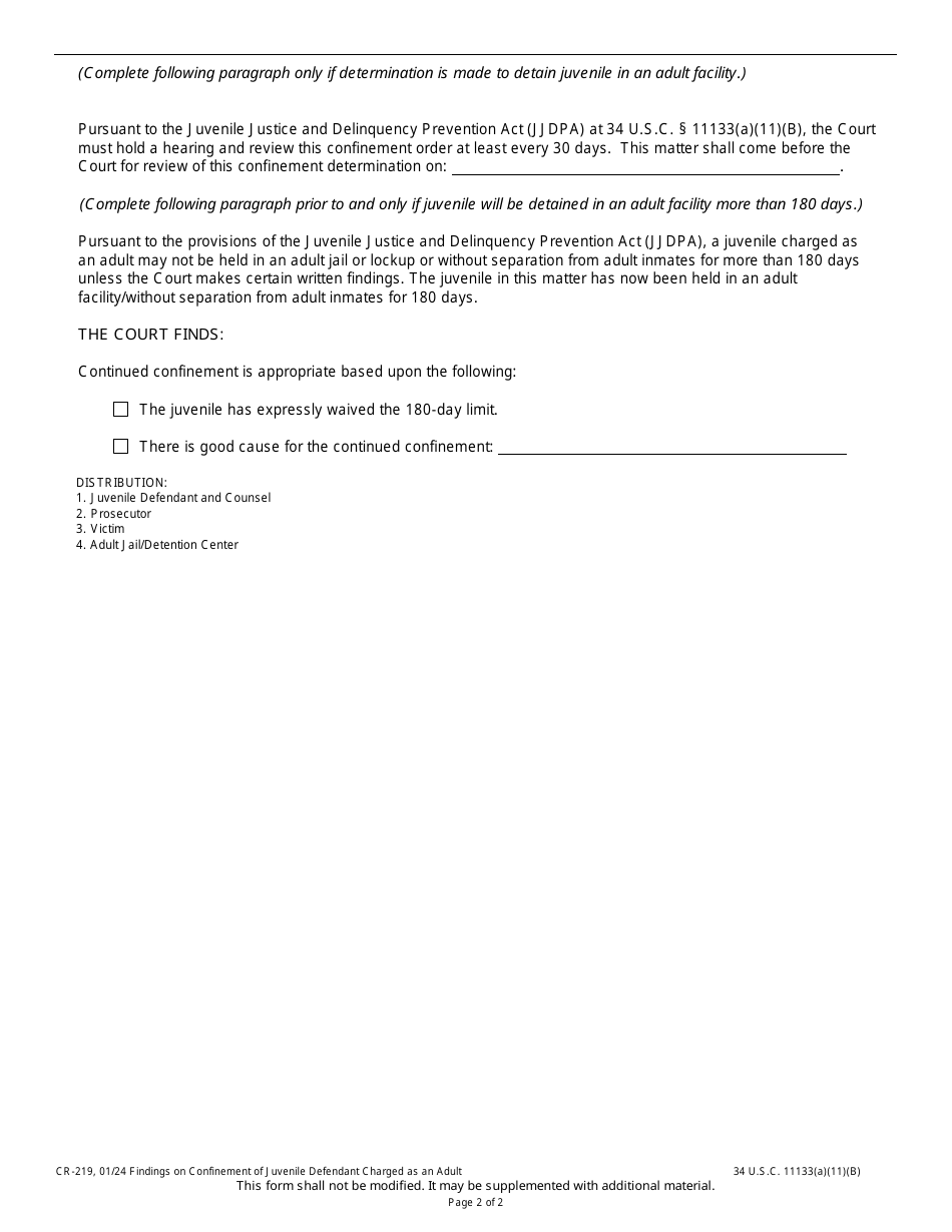 Form CR-219 Findings on Confinement of Juvenile Defendant Charged as an Adult - Wisconsin, Page 2