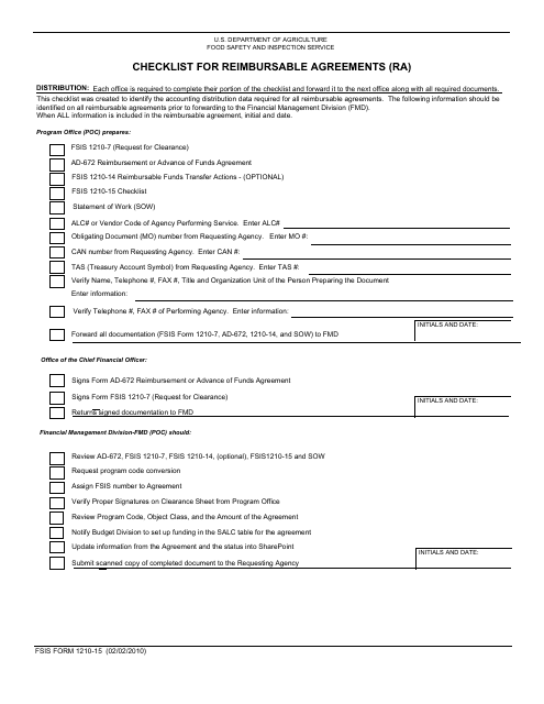 FSIS Form 1210-15  Printable Pdf