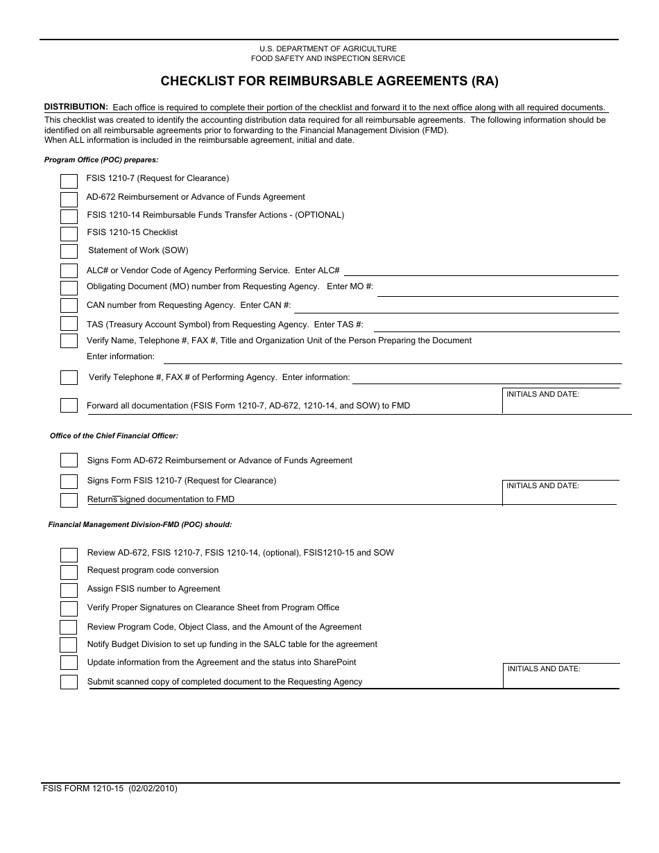 FSIS Form 1210-15 Checklist for Reimbursable Agreements (Ra), Page 1