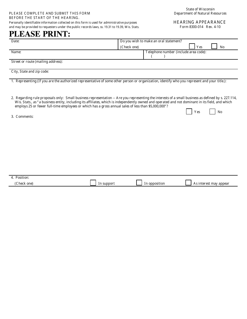 Form 8300-014 Hearing Appearance - Wisconsin, Page 1