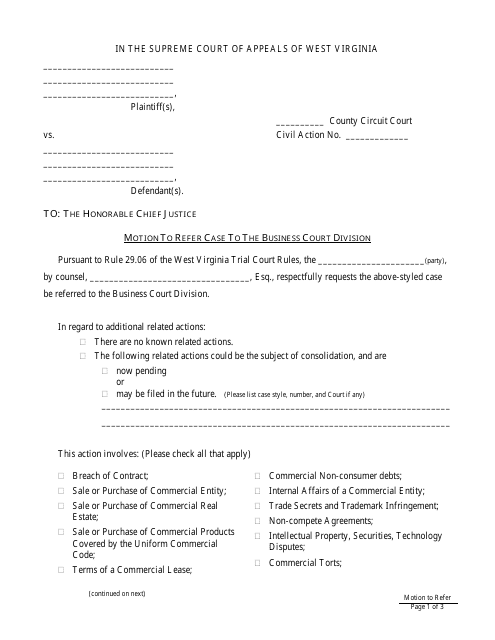 Motion to Refer Case to the Business Court Division - West Virginia Download Pdf