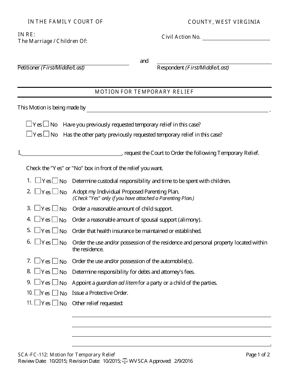 Form SCA-FC-112 Motion for Temporary Relief - West Virginia, Page 1