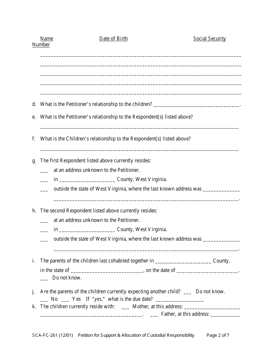 Form SCA-FC-261 Petition for Support and / or Allocation of Custodial Responsibility - West Virginia, Page 2