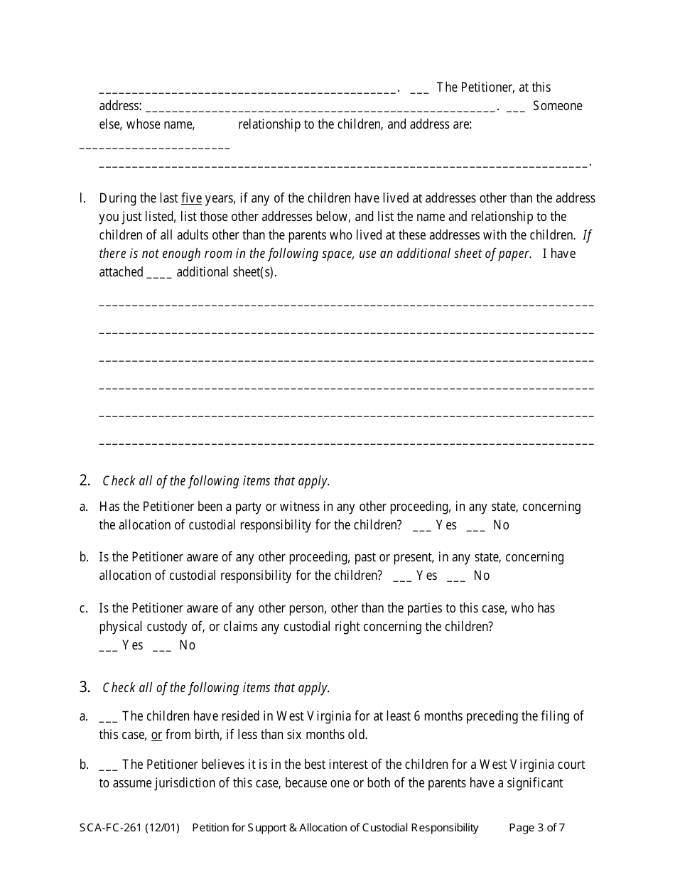Form SCA-FC-261 Petition for Support and / or Allocation of Custodial Responsibility - West Virginia, Page 3