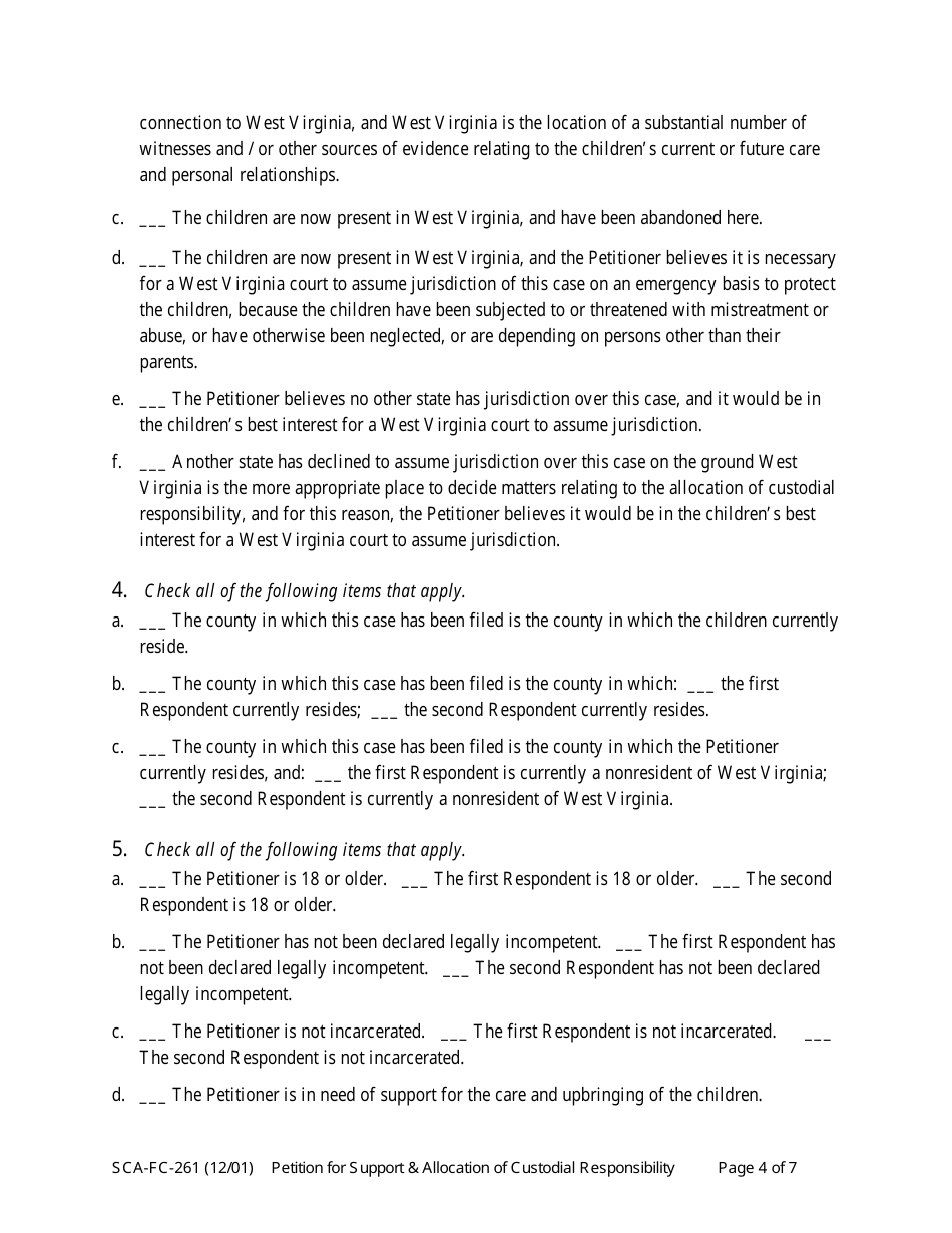 Form SCA-FC-261 Petition for Support and / or Allocation of Custodial Responsibility - West Virginia, Page 4