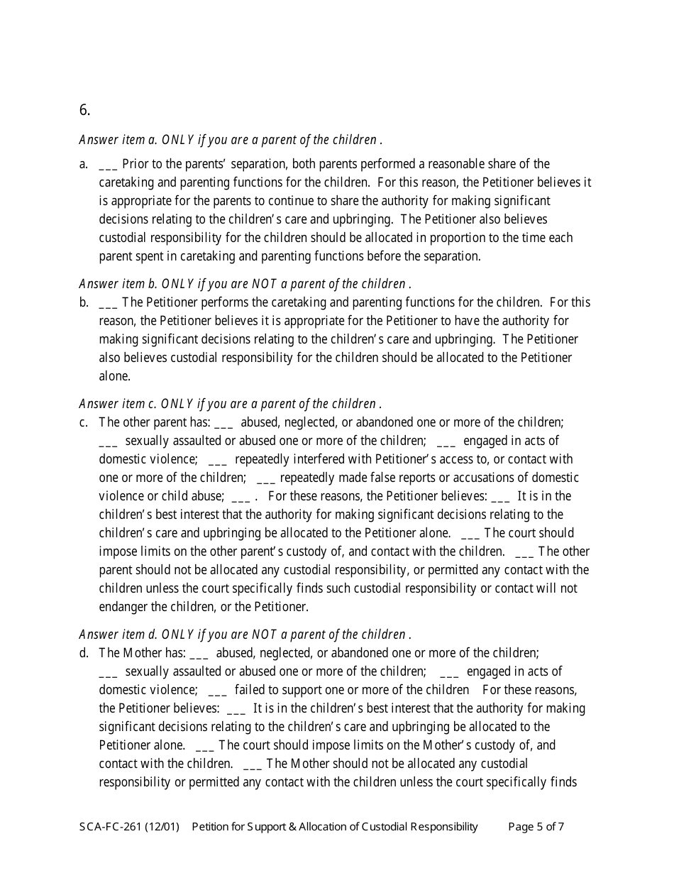Form SCA-FC-261 Petition for Support and / or Allocation of Custodial Responsibility - West Virginia, Page 5