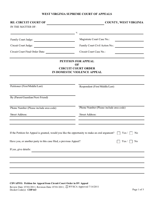 Form CDVAPFO Petition for Appeal of Circuit Court Order in Domestic Violence Appeal - West Virginia