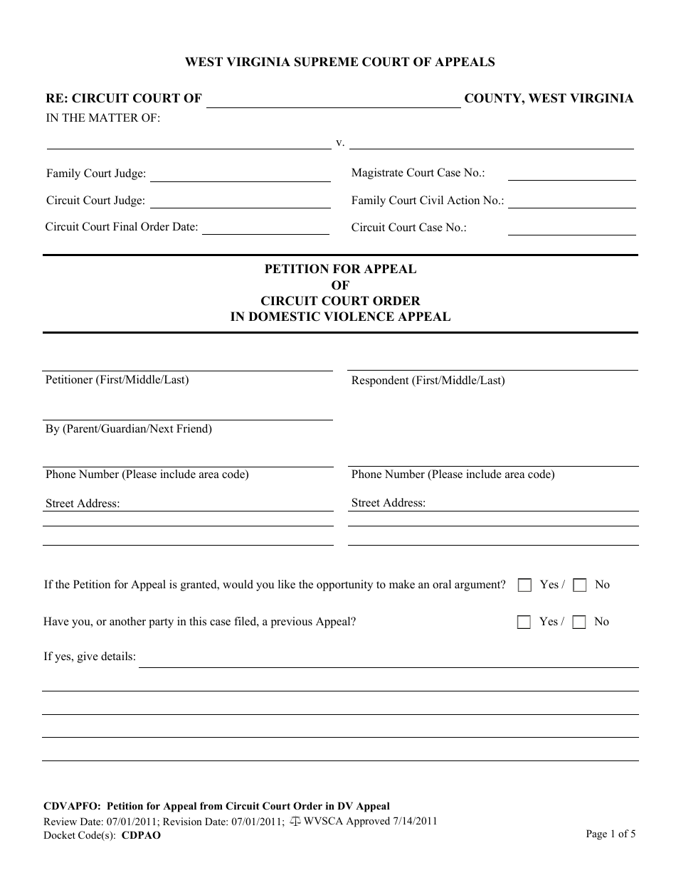 Form CDVAPFO Petition for Appeal of Circuit Court Order in Domestic Violence Appeal - West Virginia, Page 1