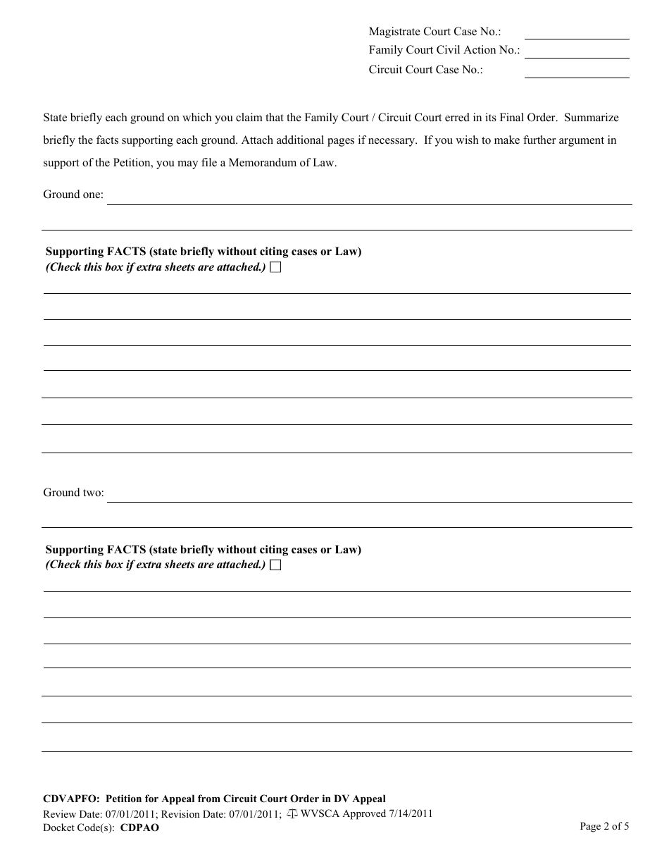 Form CDVAPFO Petition for Appeal of Circuit Court Order in Domestic Violence Appeal - West Virginia, Page 2
