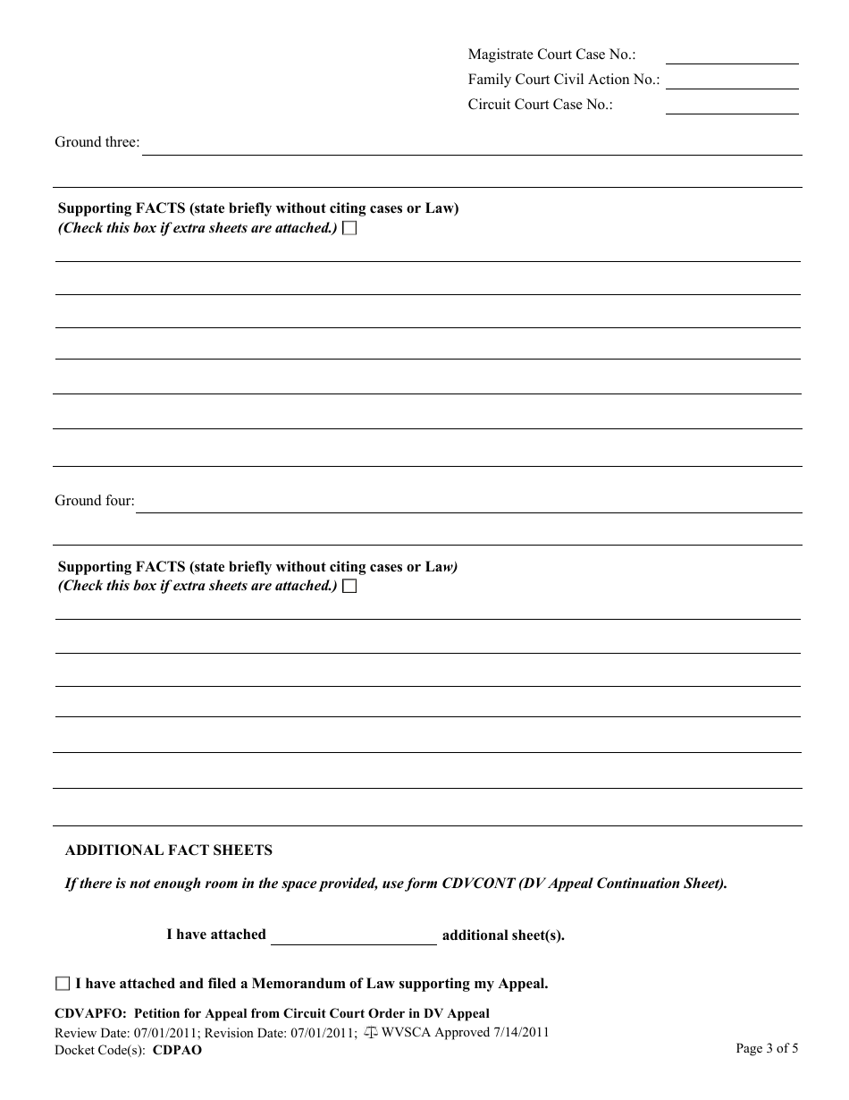 Form CDVAPFO Petition for Appeal of Circuit Court Order in Domestic Violence Appeal - West Virginia, Page 3