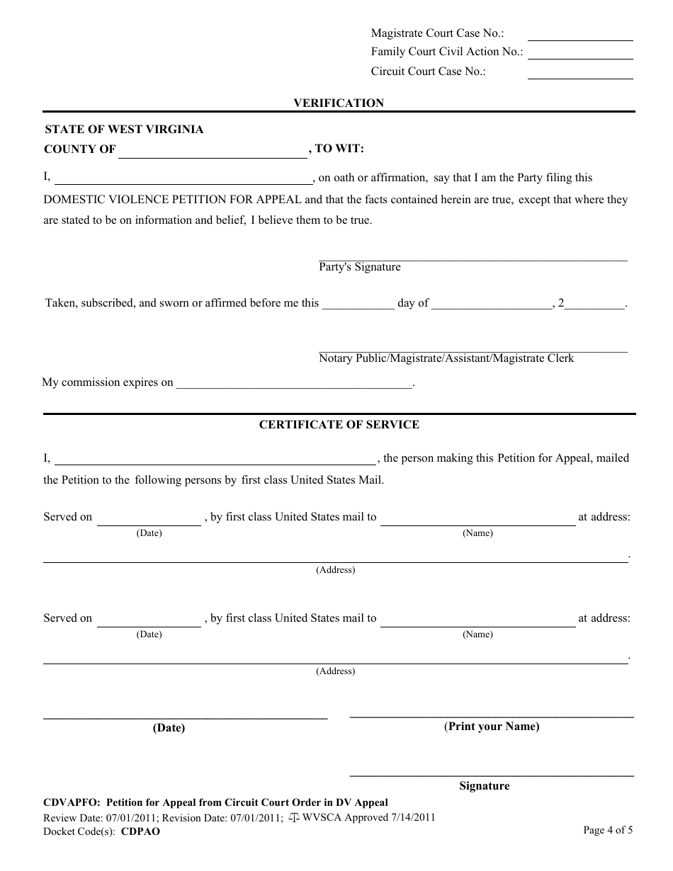 Form CDVAPFO Petition for Appeal of Circuit Court Order in Domestic Violence Appeal - West Virginia, Page 4