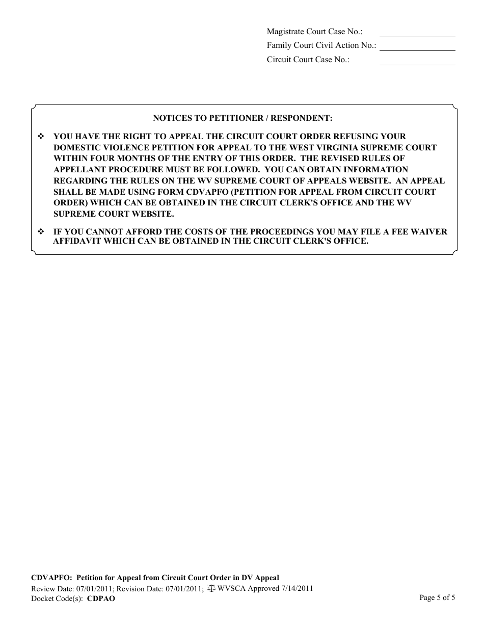 Form CDVAPFO Petition for Appeal of Circuit Court Order in Domestic Violence Appeal - West Virginia, Page 5