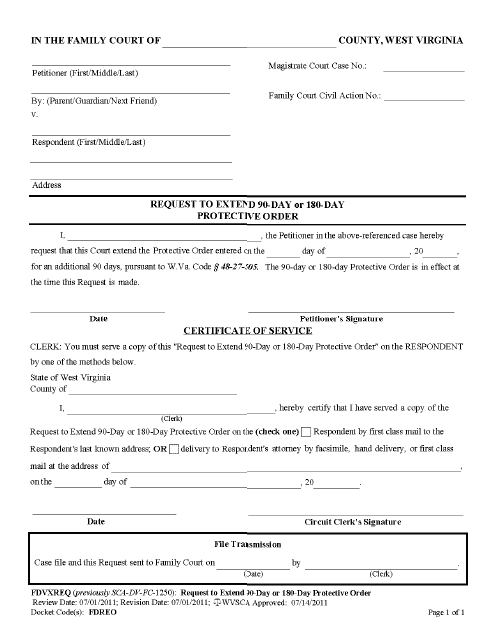 Form FDVXREQ Request to Extend 90-day or 180-day Protective Order - West Virginia