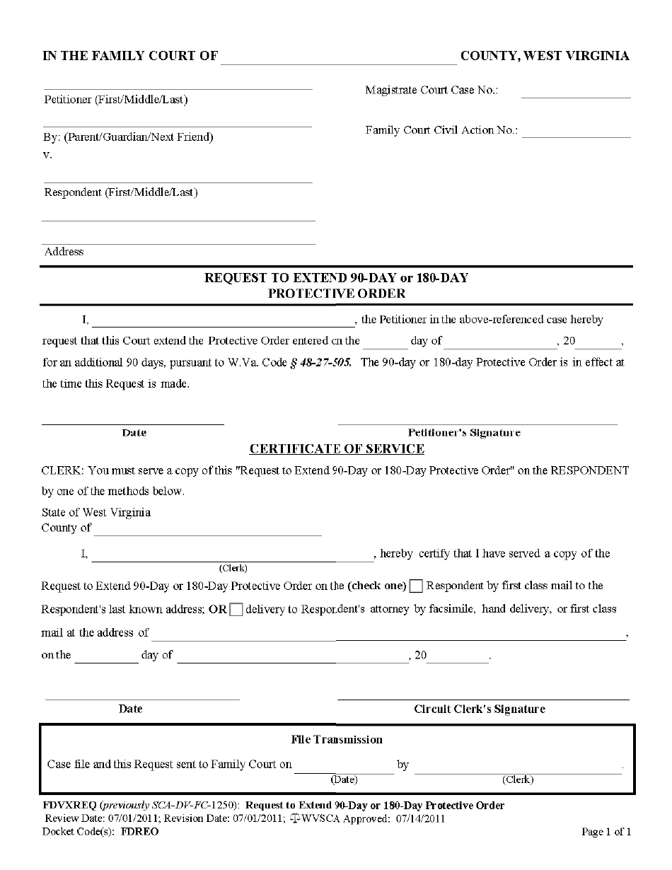 Form FDVXREQ Request to Extend 90-day or 180-day Protective Order - West Virginia, Page 1