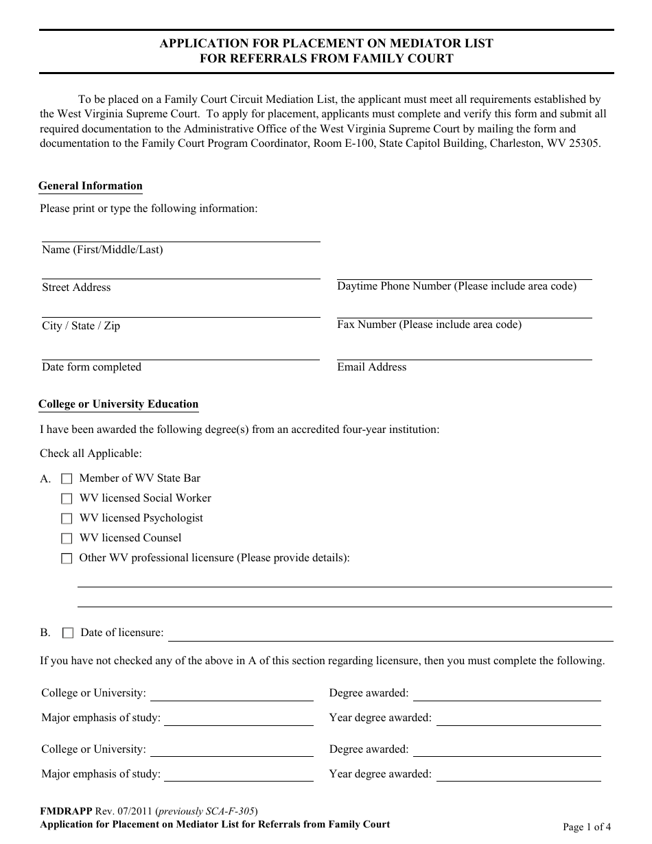 Form FMDRAPP Application for Placement on Mediator List for Referrals From Family Court - West Virginia, Page 1