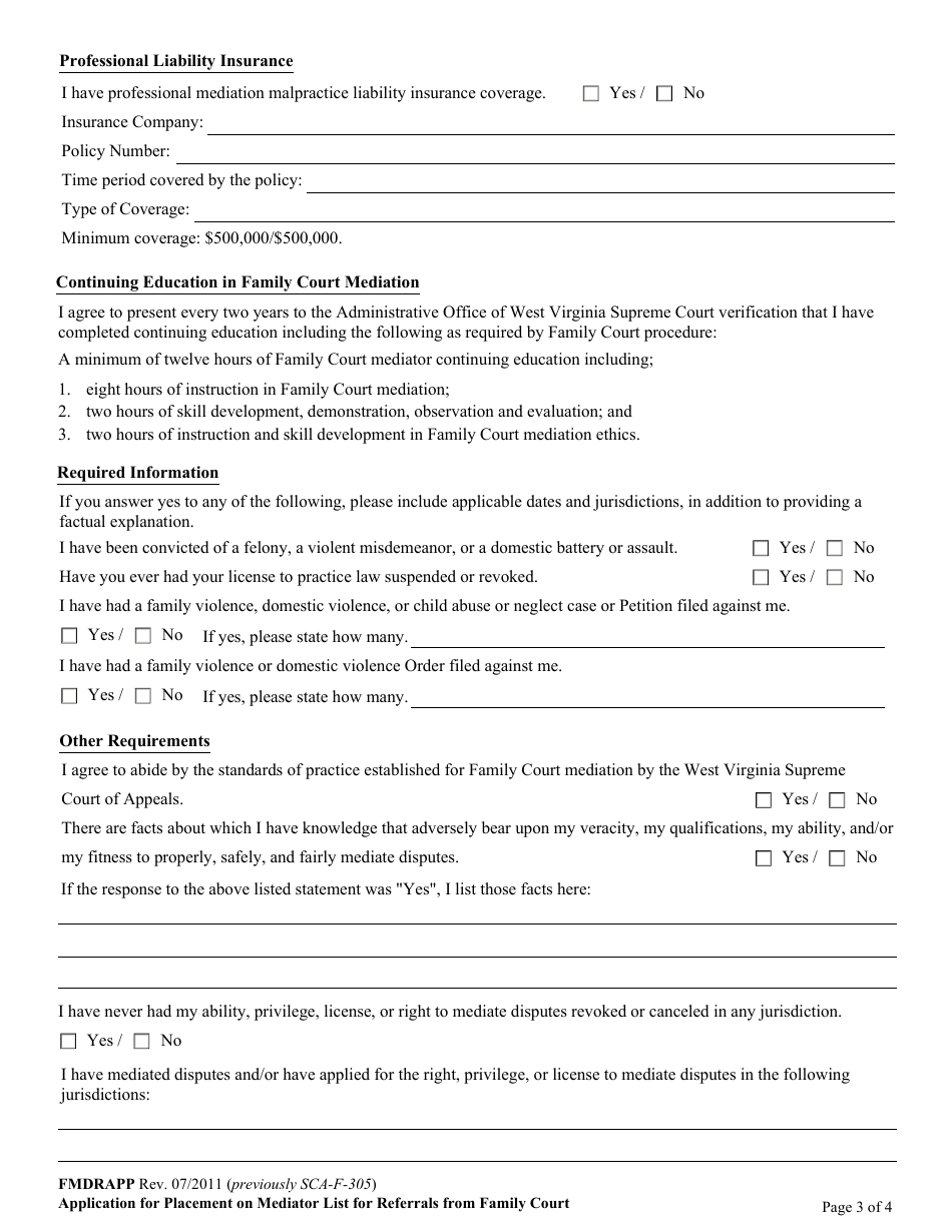 Form FMDRAPP Application for Placement on Mediator List for Referrals From Family Court - West Virginia, Page 3