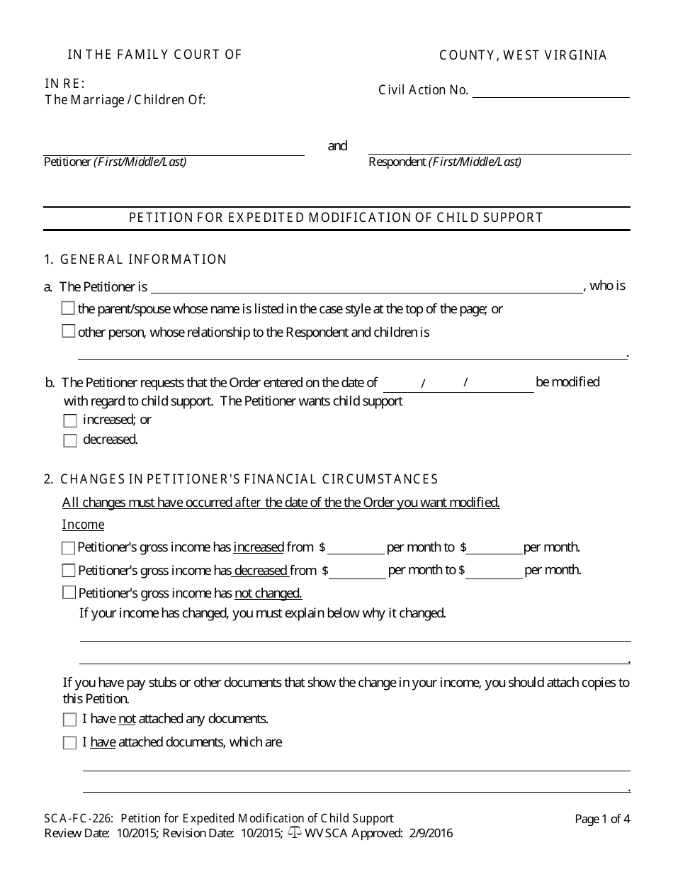 Form SCA-FC-226 Petition for Expedited Modification of Child Support - West Virginia, Page 1