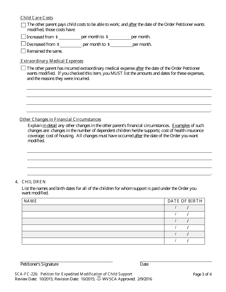 Form SCA-FC-226 Petition for Expedited Modification of Child Support - West Virginia, Page 3