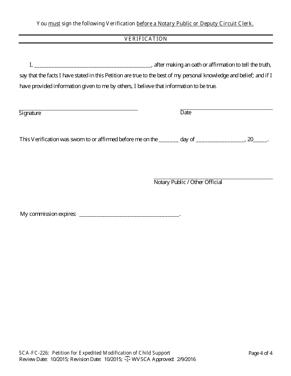 Form SCA-FC-226 Petition for Expedited Modification of Child Support - West Virginia, Page 4