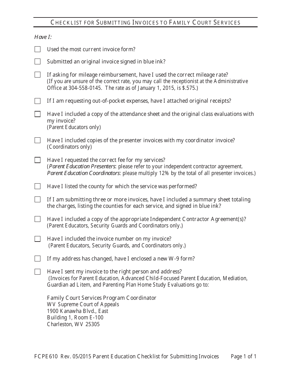 Form FCPE610 Checklist for Submitting Invoices to Family Court Services - West Virginia, Page 1