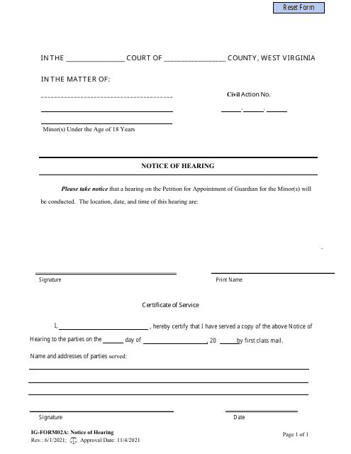 IG- Form 02A Notice of Hearing - West Virginia