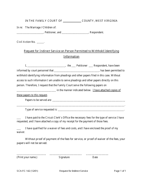 Form SCA-FC-142 Request for Indirect Service on Person Permitted to Withhold Identifying Information - West Virginia