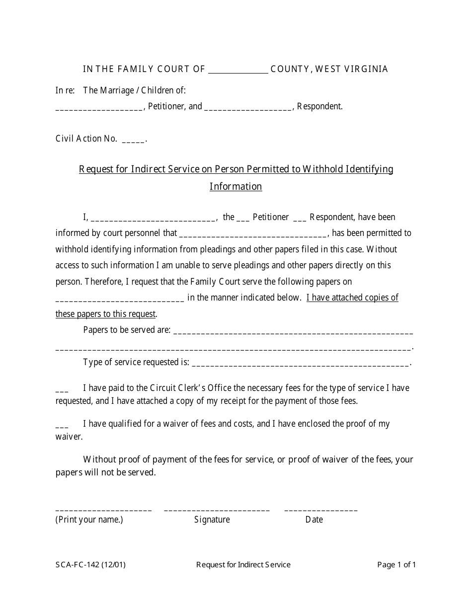 Form SCA-FC-142 Request for Indirect Service on Person Permitted to Withhold Identifying Information - West Virginia, Page 1