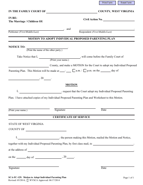 Form SCA-FC-129 Motion to Adopt Individual Proposed Parenting Plan - West Virginia