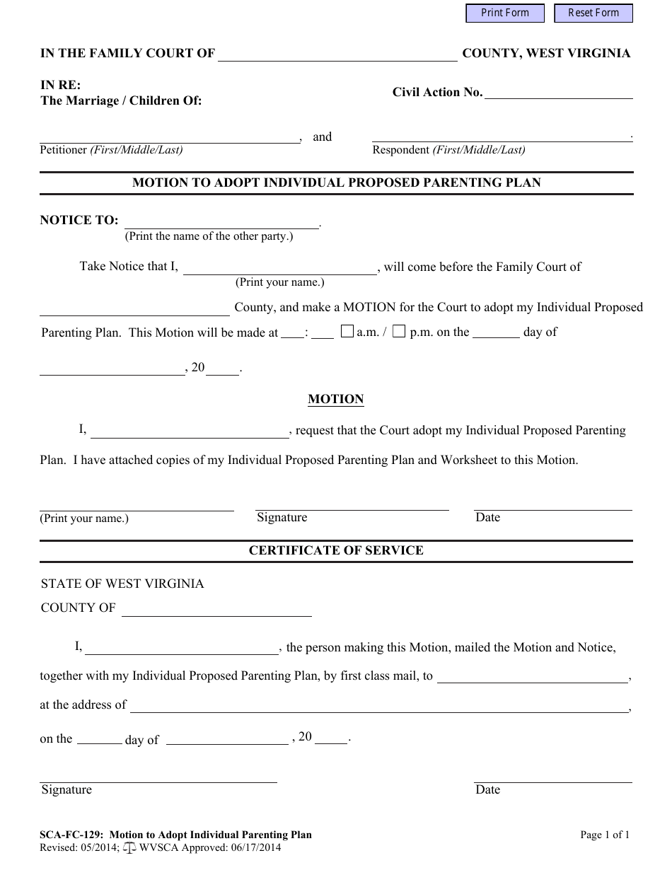 Form SCA-FC-129 Motion to Adopt Individual Proposed Parenting Plan - West Virginia, Page 1
