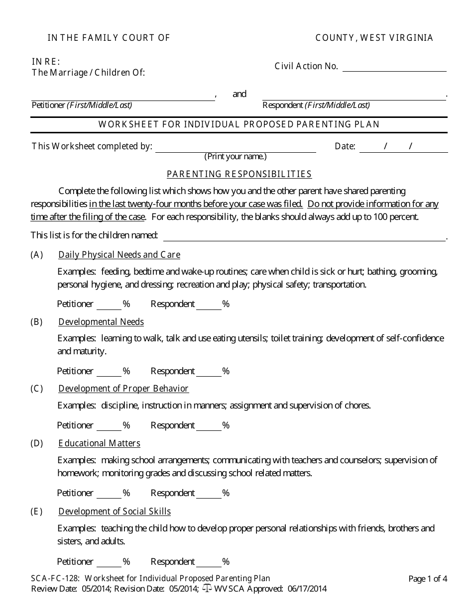 Form SCA-FC-128 Worksheet for Individual Proposed Parenting Plan - West Virginia, Page 1