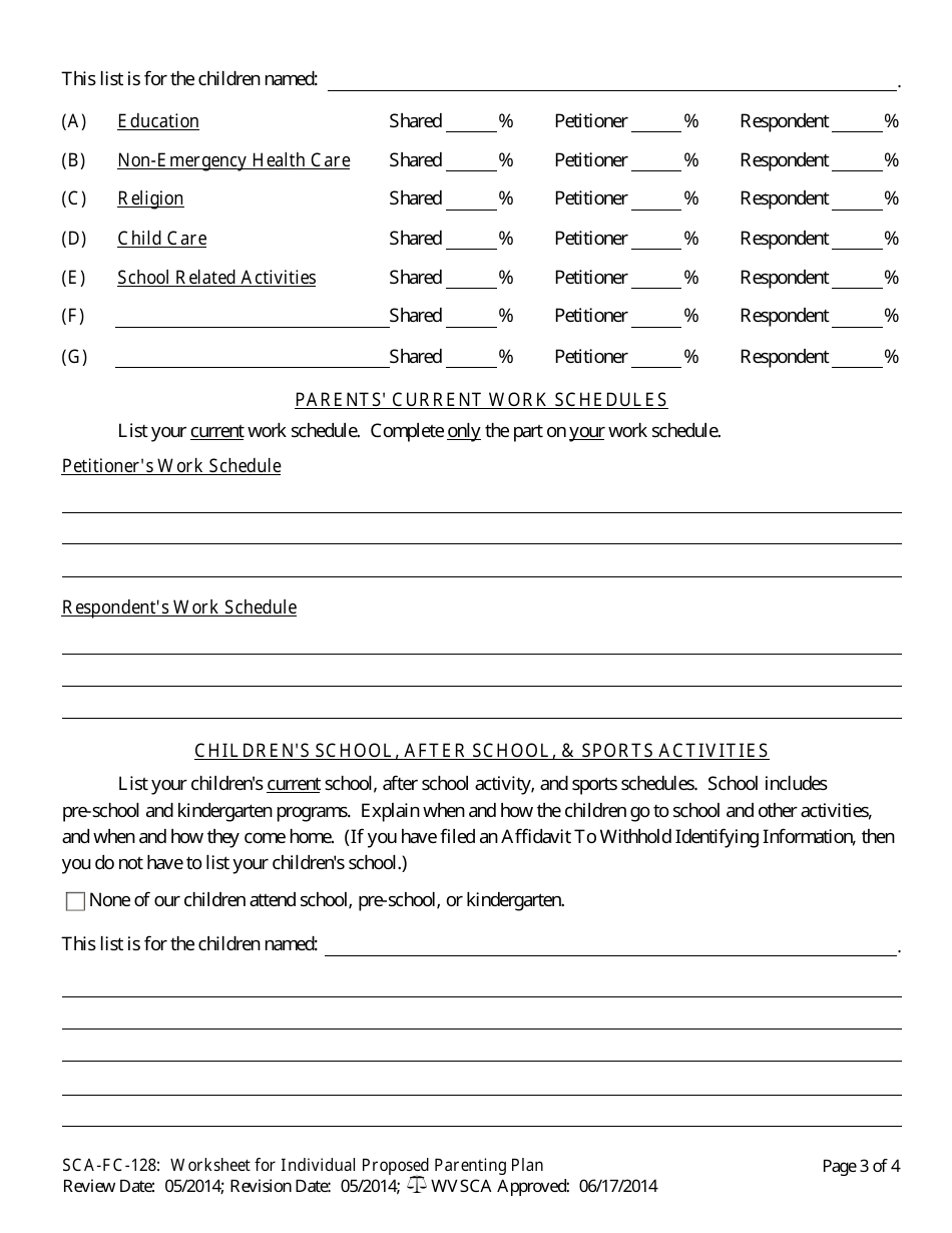 Form SCA-FC-128 Worksheet for Individual Proposed Parenting Plan - West Virginia, Page 3