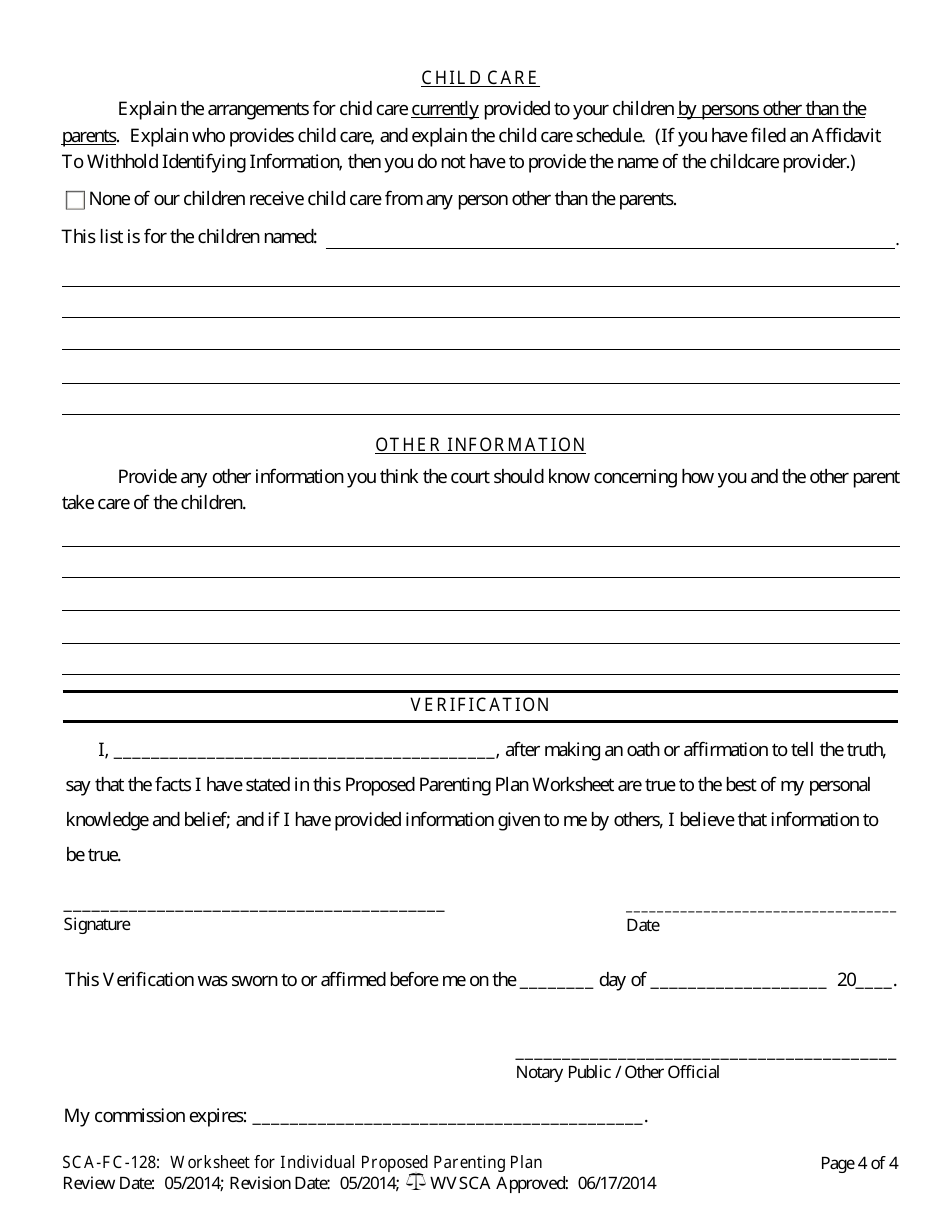 Form SCA-FC-128 Worksheet for Individual Proposed Parenting Plan - West Virginia, Page 4