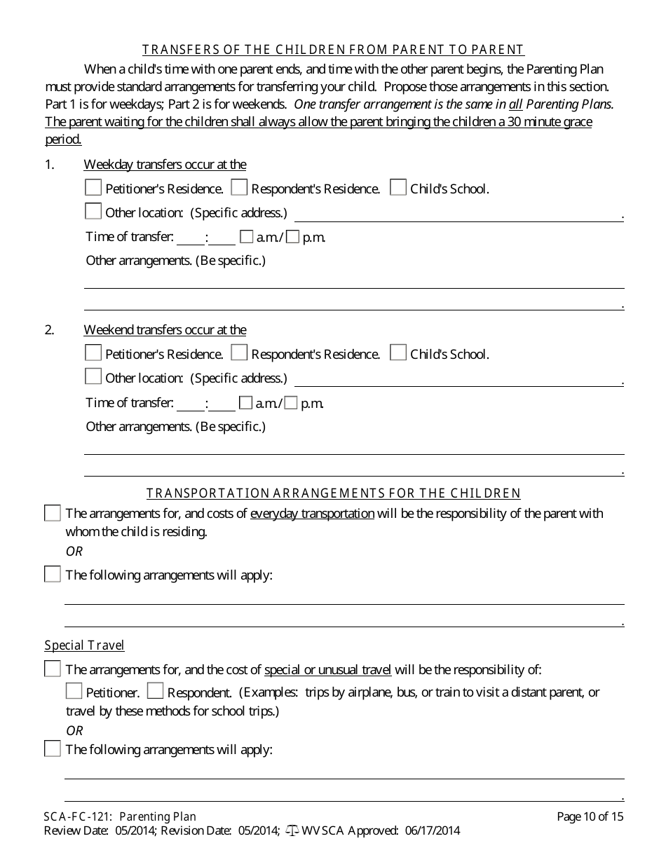 Form SCA-FC-121 Parenting Plan - West Virginia, Page 10