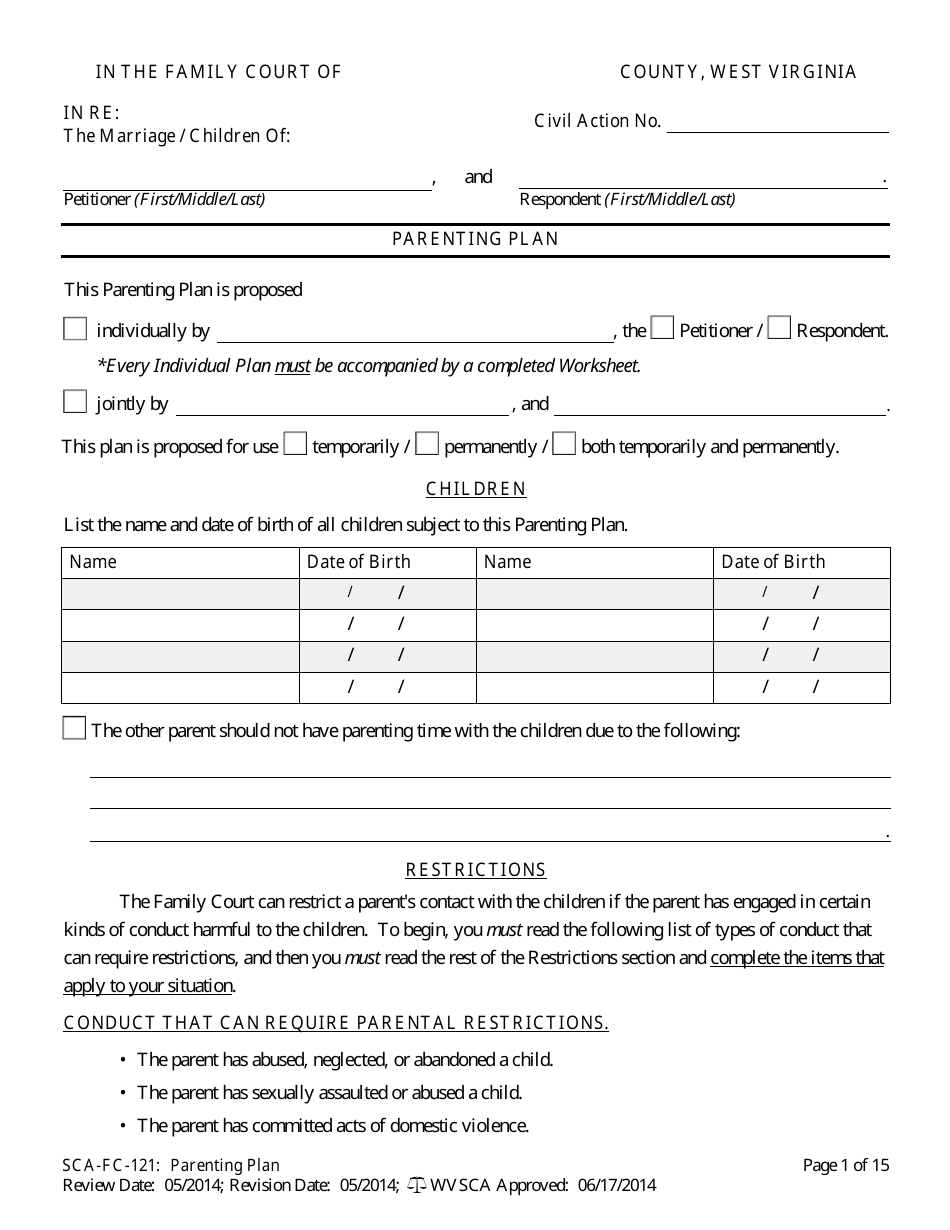 Form SCA-FC-121 Parenting Plan - West Virginia, Page 1
