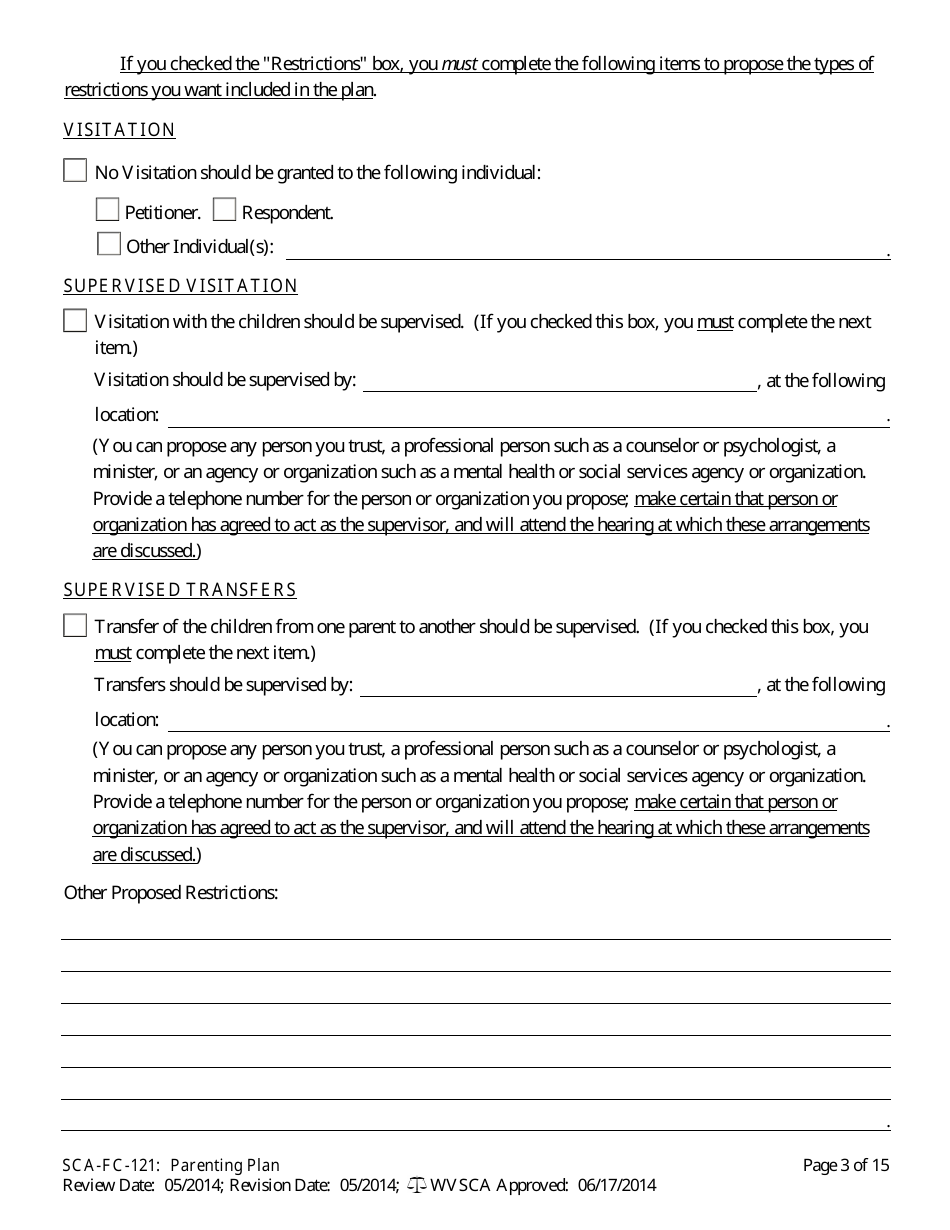 Form SCA-FC-121 Parenting Plan - West Virginia, Page 3