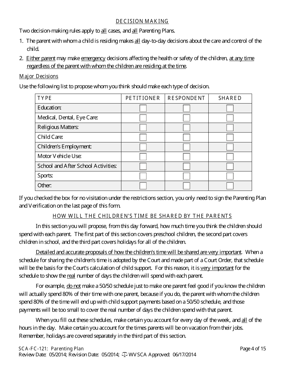 Form SCA-FC-121 Parenting Plan - West Virginia, Page 4